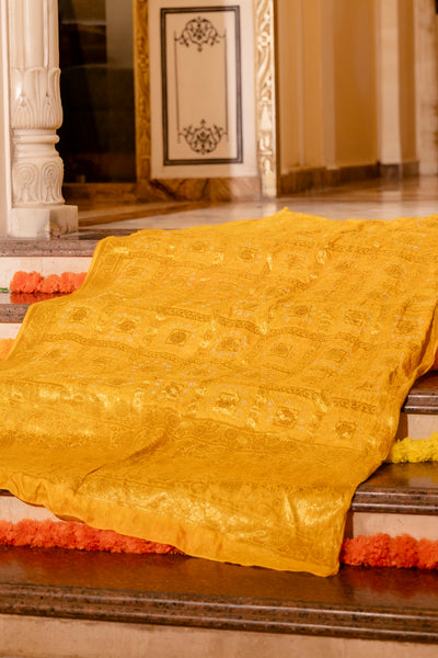 Mustard Yellow Banarasi Lehenga Choli with Dupatta by Saras the label - 3 pcs set