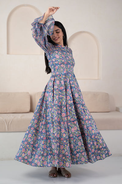 Blue Floral Printed Gown for Women by Saras The Label- (1pc set)