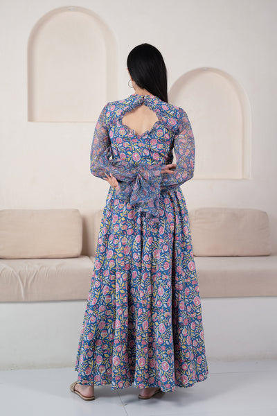 Blue Floral Printed Gown for Women by Saras The Label- (1pc set)