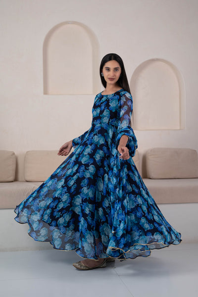 Blue Floral Printed Anarkali Suit Set by Saras The Label- (3pc set)