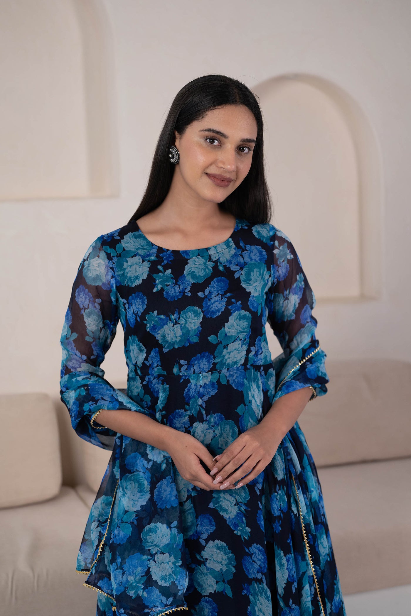 Blue Floral Printed Anarkali Suit Set by Saras The Label- (3pc set)