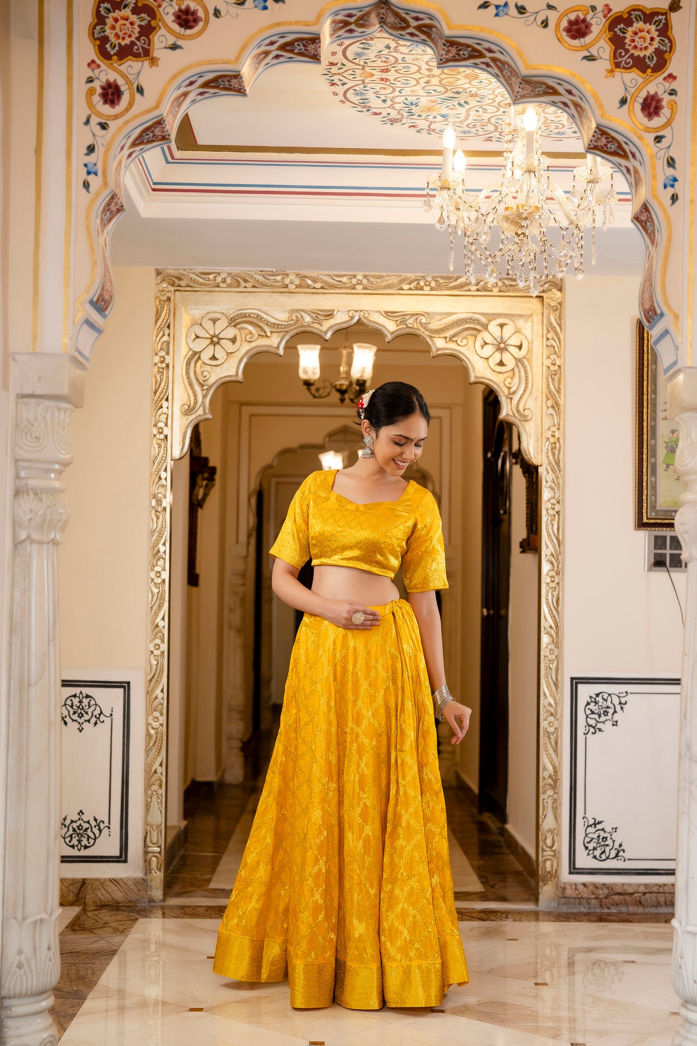 Mustard Yellow Banarasi Lehenga Choli with Dupatta by Saras the label - 3 pcs set