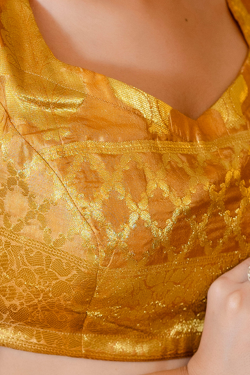 Golden Yellow Banarasi Lehenga Choli with Dupatta by Saras the label - 3 pcs set