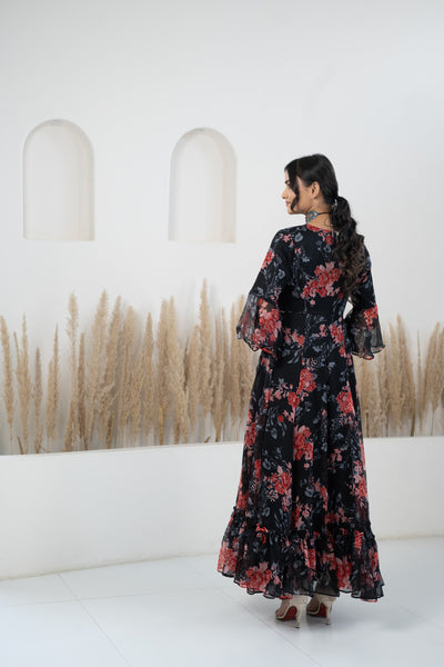 Women’s Black Floral Print Gown by Saras The Label- (1pc set)