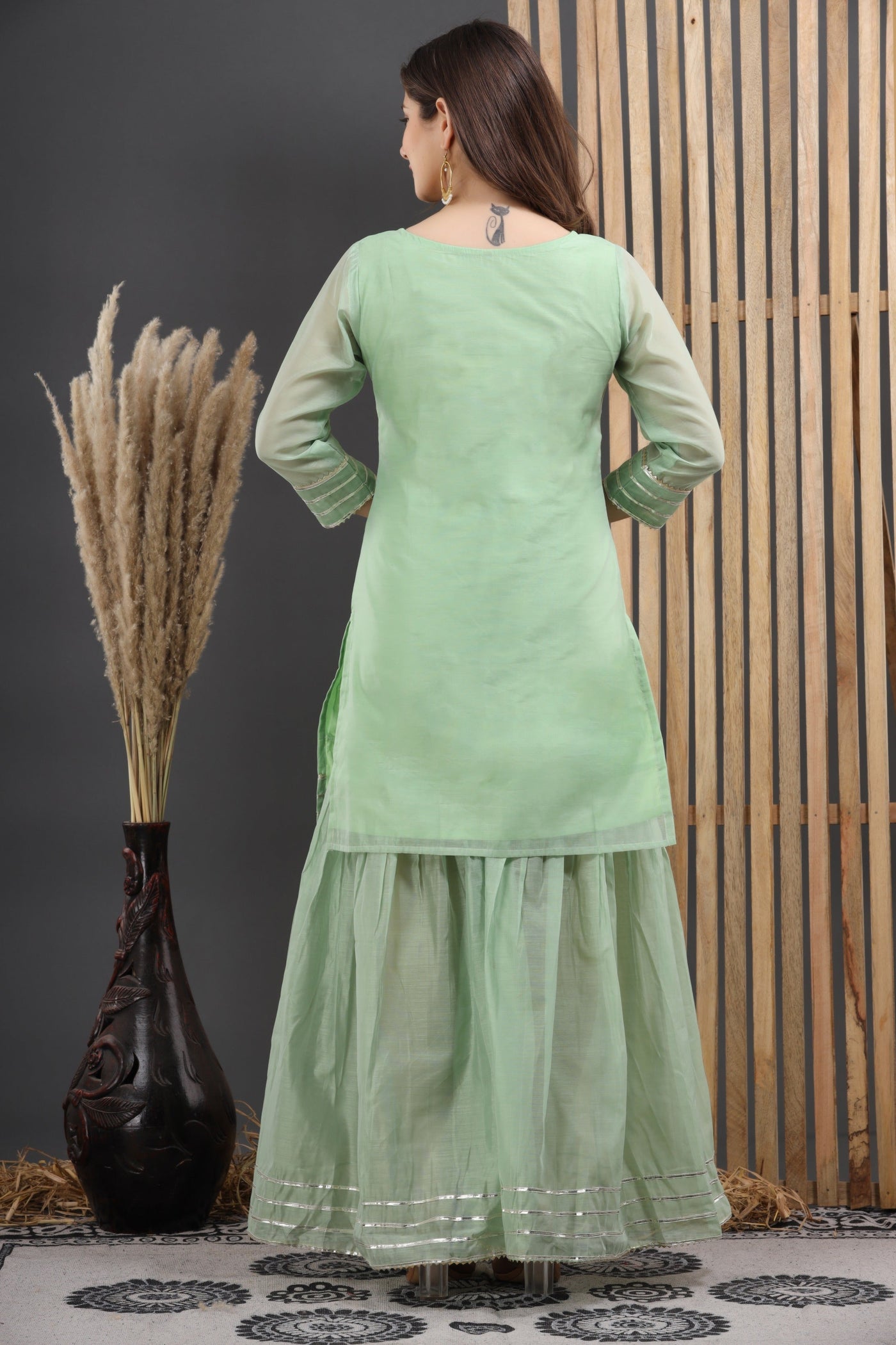 Women's Green Hand Painted Kurta with Sharara and Dupatta Set by SARAS THE LABEL ( 3 Pc Set )