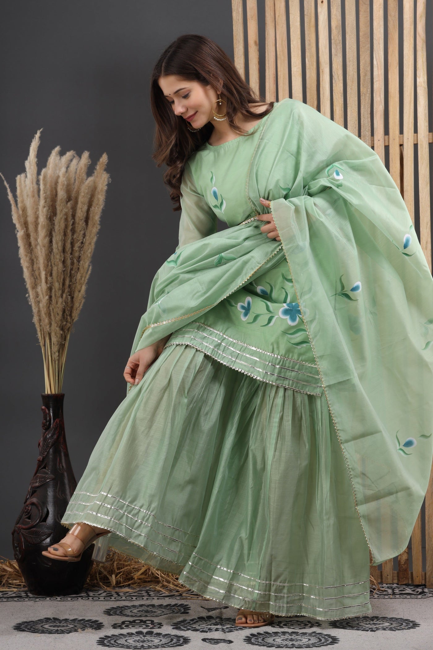 Women's Green Hand Painted Kurta with Sharara and Dupatta Set by SARAS THE LABEL ( 3 Pc Set )