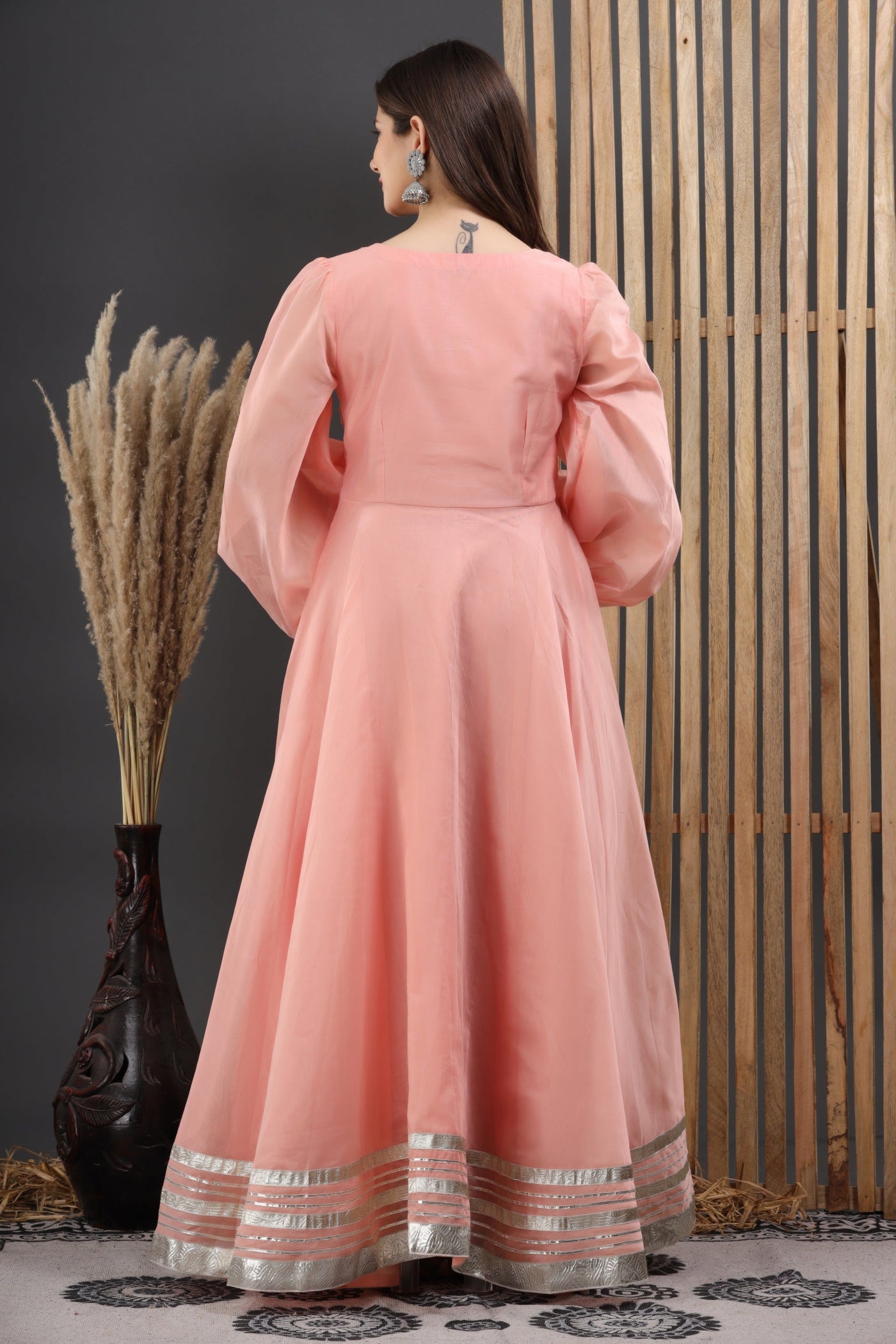 Women's Peach Hand Gota Work Gown by Saras The Label (1 Pc Set)