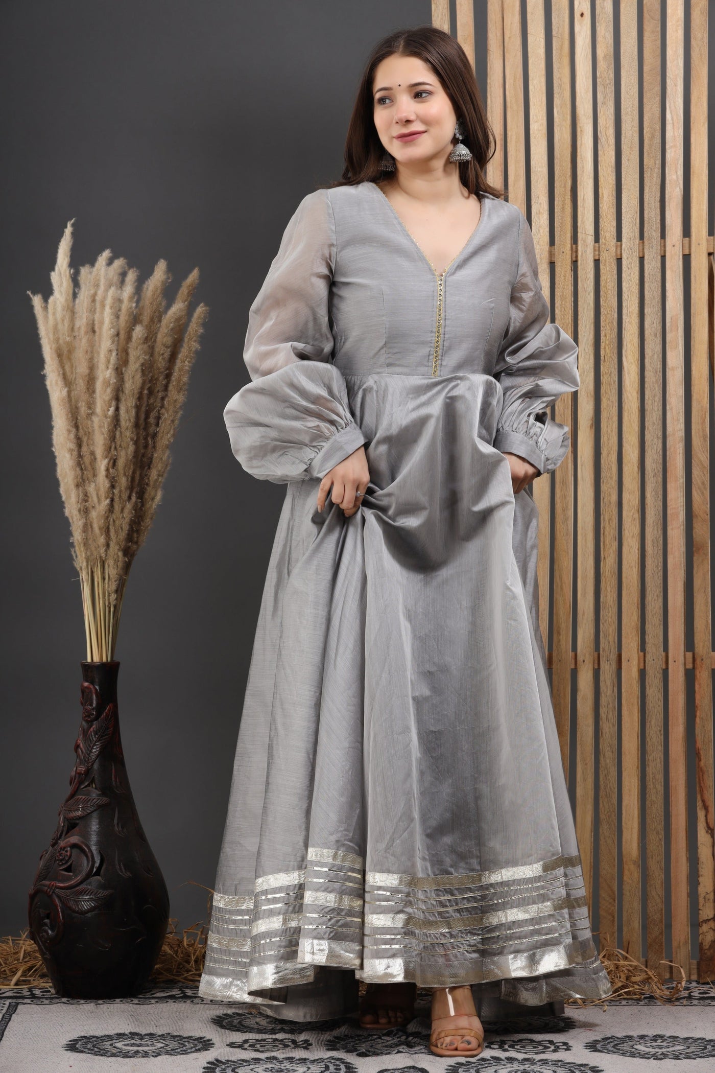 Women's Grey Gota Work Anarkali Gown by Saras The Label (1 Pc Set)