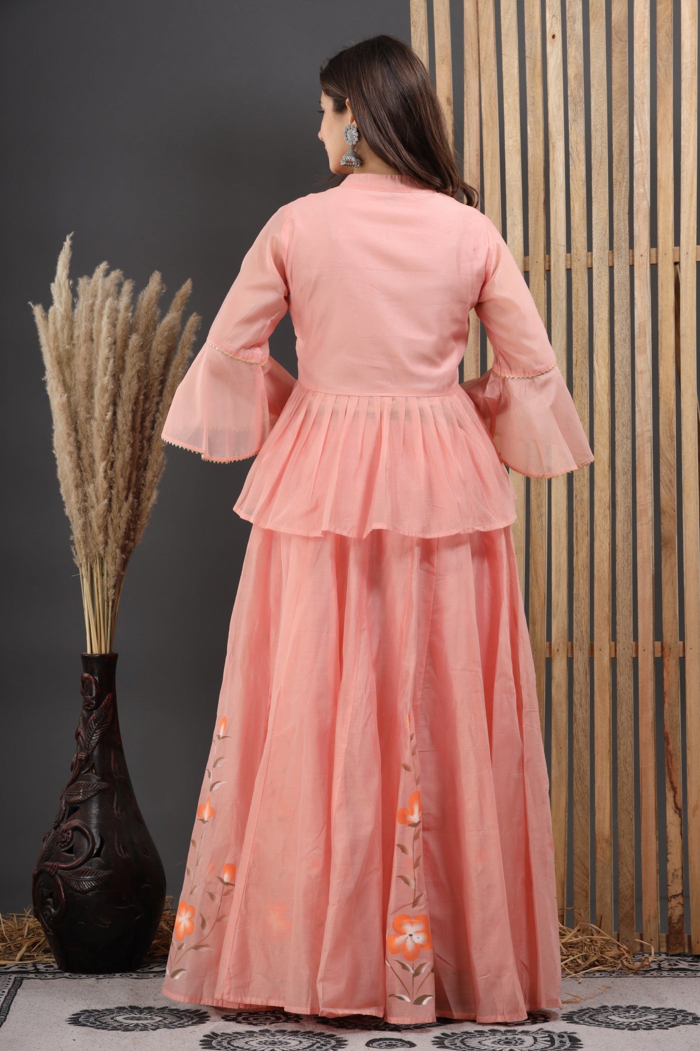 Women's Peach Hand Painted Peplum Top with Skirt & Dupatta Set by Saras The Label ( 3 Pc Set )