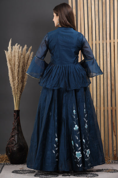 Women's Blue Peplum Top with Skirt & Dupatta set by SARAS THE LABEL- (3pcs set)
