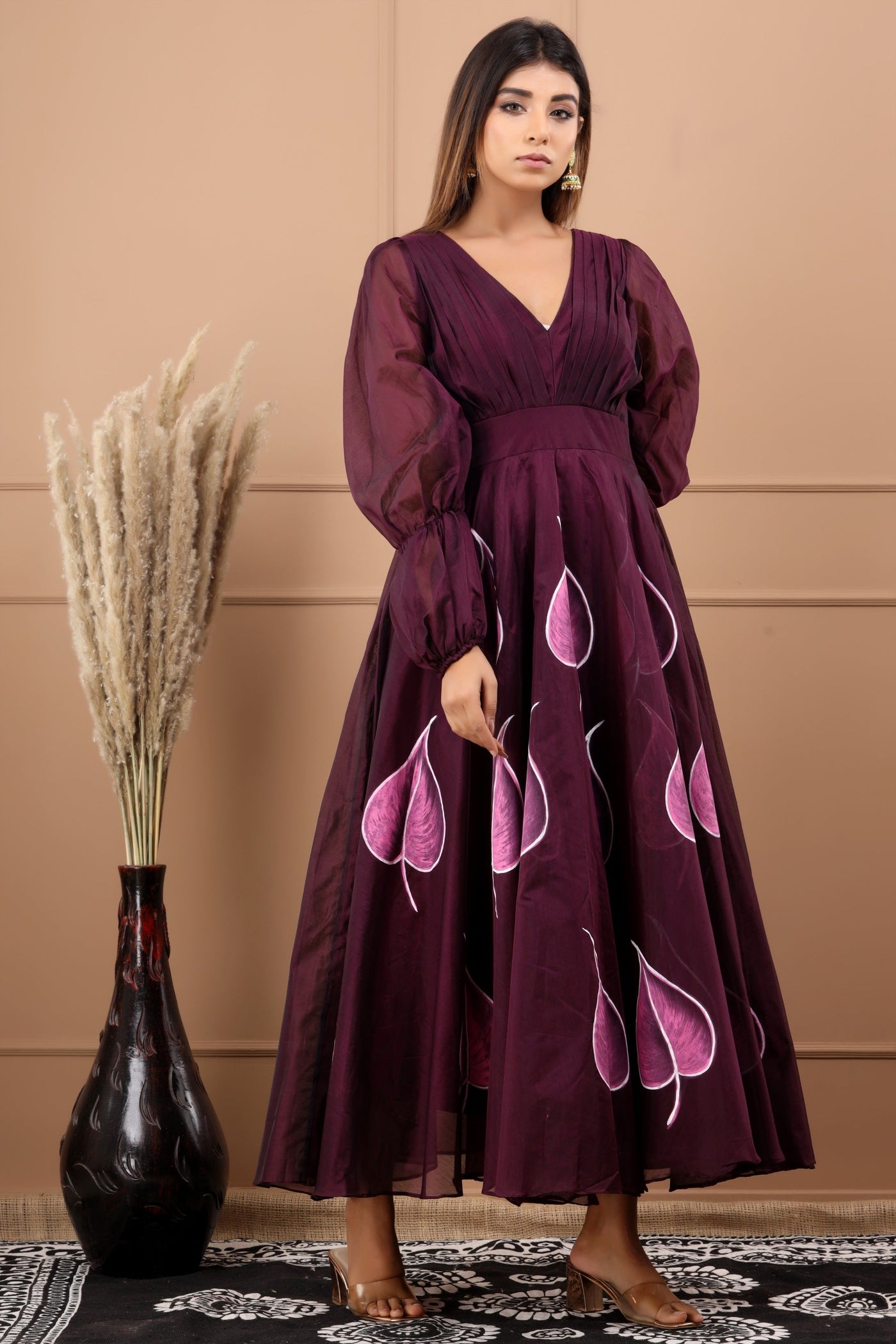 Women's Wine Purple Hand Painted Gown by Saras The Label ( 1 Pc Set )