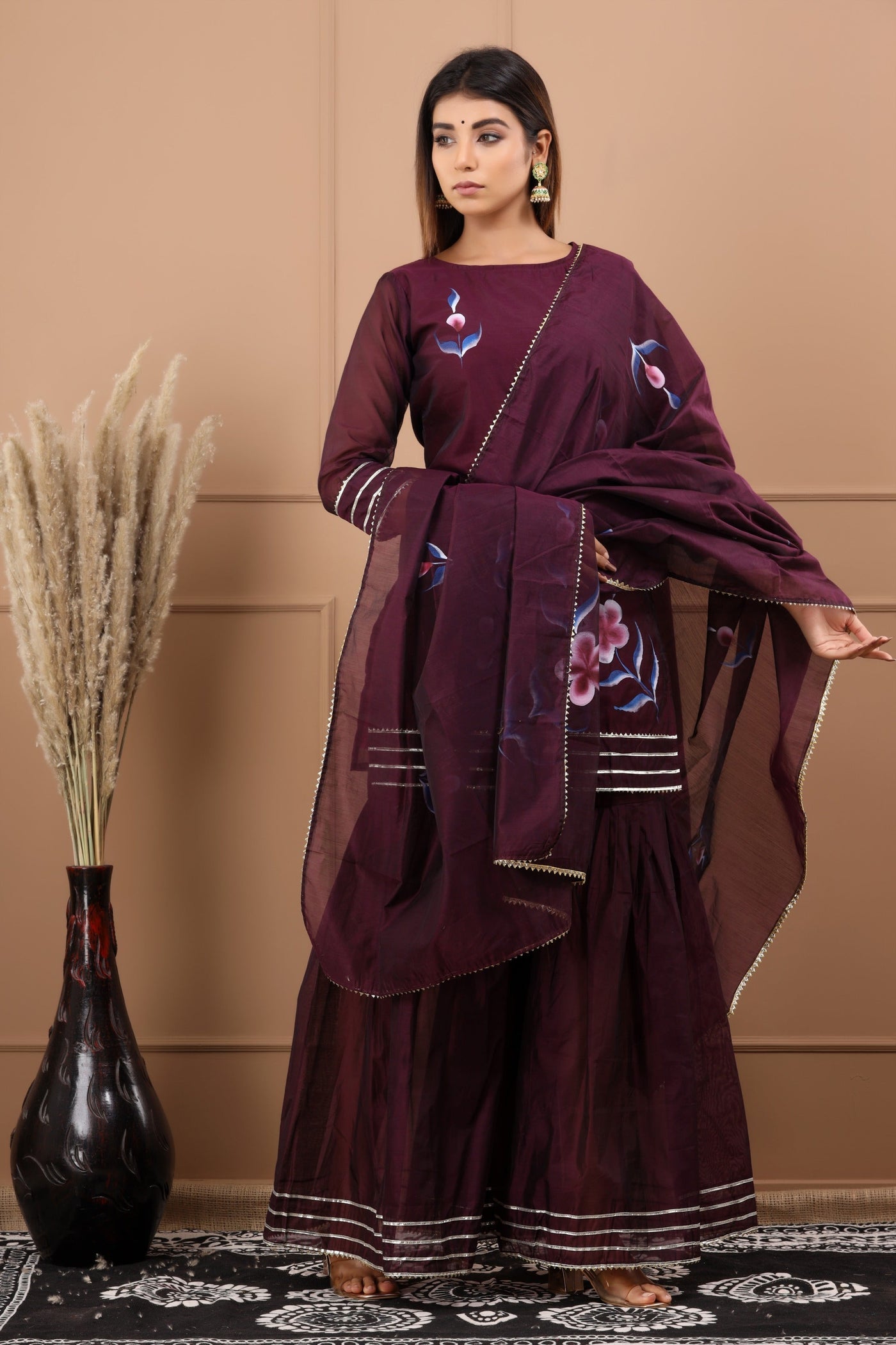 Women's Purple Hand Painted Kurta with Sharara and Dupatta by Saras The Label ( 3 Pc Set )
