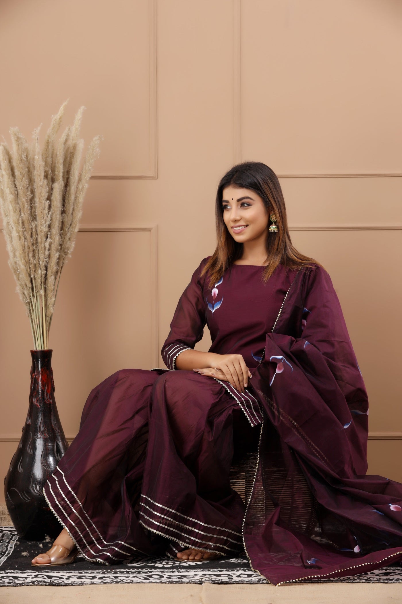 Women's Purple Hand Painted Kurta with Sharara and Dupatta by Saras The Label ( 3 Pc Set )