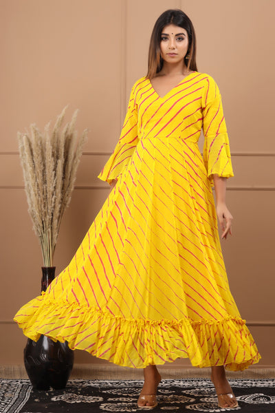 Women's Yellow Leheriya Chiffon Maxi Dress by Saras The Label (1 Pc Set)