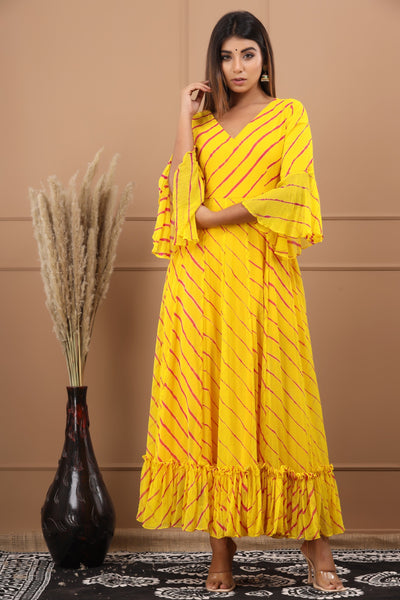 Women's Yellow Leheriya Chiffon Maxi Dress by Saras The Label (1 Pc Set)