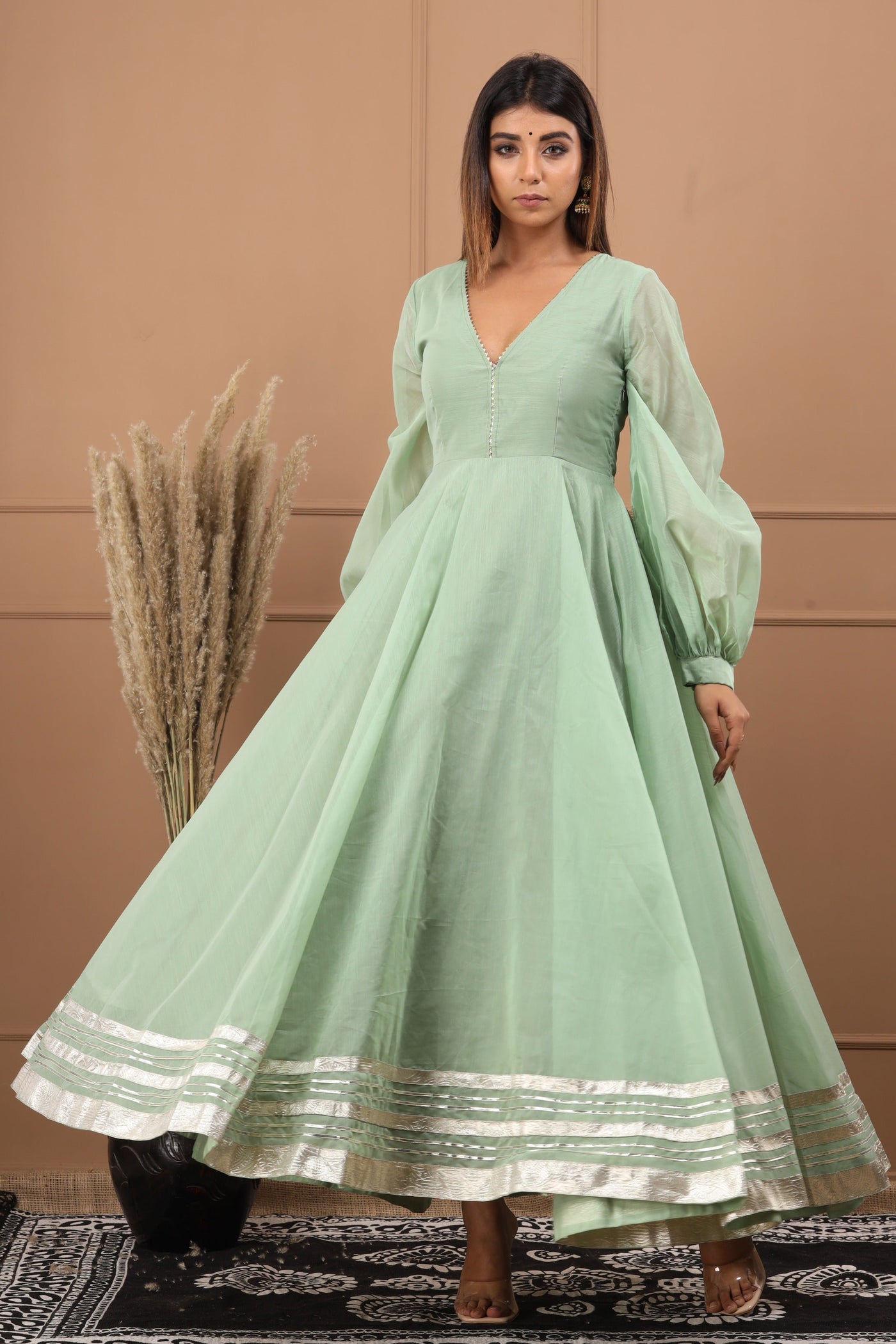 Women's Green Gota Work Anarkali Dress by Saras The Label (1 Pc Set)