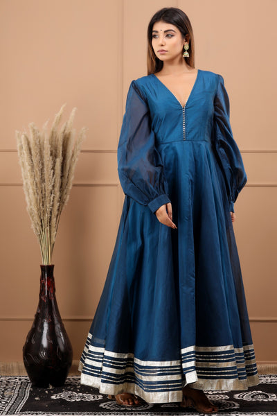 Women's Blue Gota Work Anarkali Gown by Saras The Label (1 Pc Set)