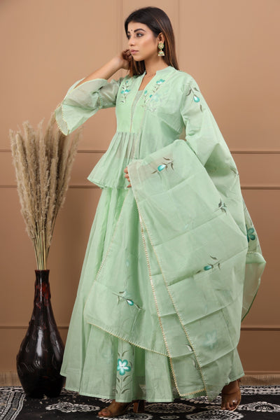 Women's Green Hand Painted Peplum top with Skirt & Dupatta Set by Saras The Label ( 3 Pc Set )
