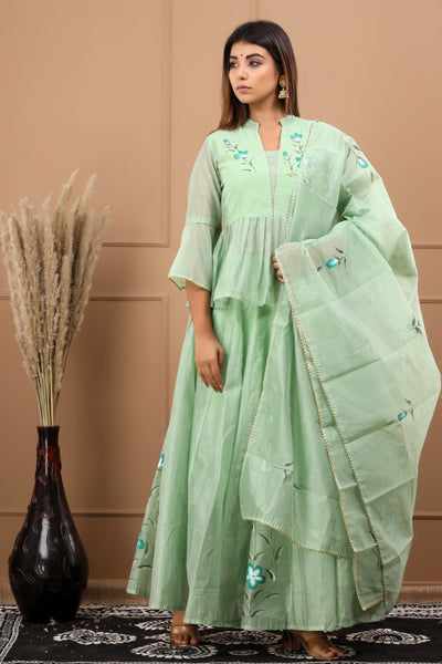 Women's Green Hand Painted Peplum top with Skirt & Dupatta Set by Saras The Label ( 3 Pc Set )