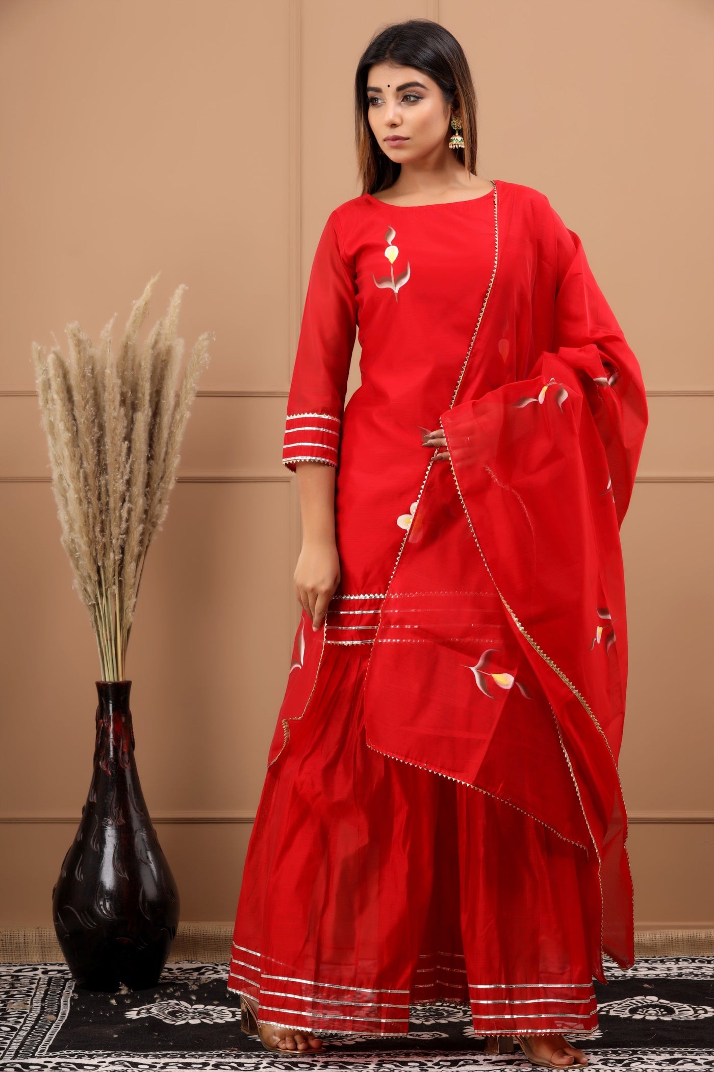 Women's Red Hand Painted Kurta with Sharara and Dupatta Set by Saras The Label ( 3 Pc Set )