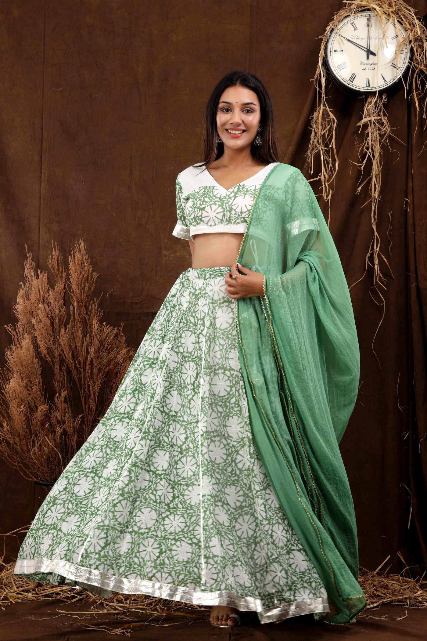 Women's Green Printed Lehenga with Blouse and Dupatta set by SARAS THE LABEL- (3pcs set)