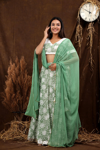 Women's Green Printed Lehenga with Blouse and Dupatta set by SARAS THE LABEL- (3pcs set)