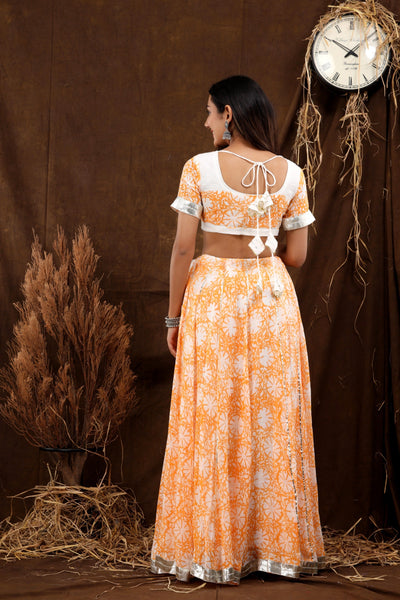 Women's Orange Printed Lehenga with Blouse & Dupatta Set by SARAS THE LABEL- (3pcs set)