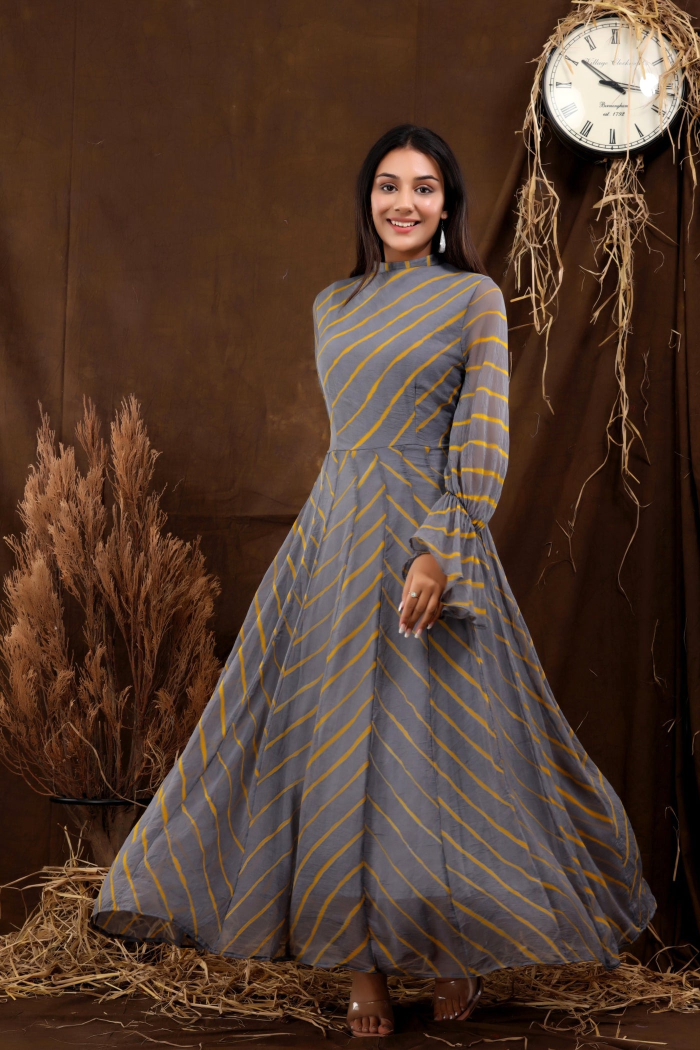Women's Grey Leheriya Chiffon Dress by SARAS THE LABEL (1 Pc Set)