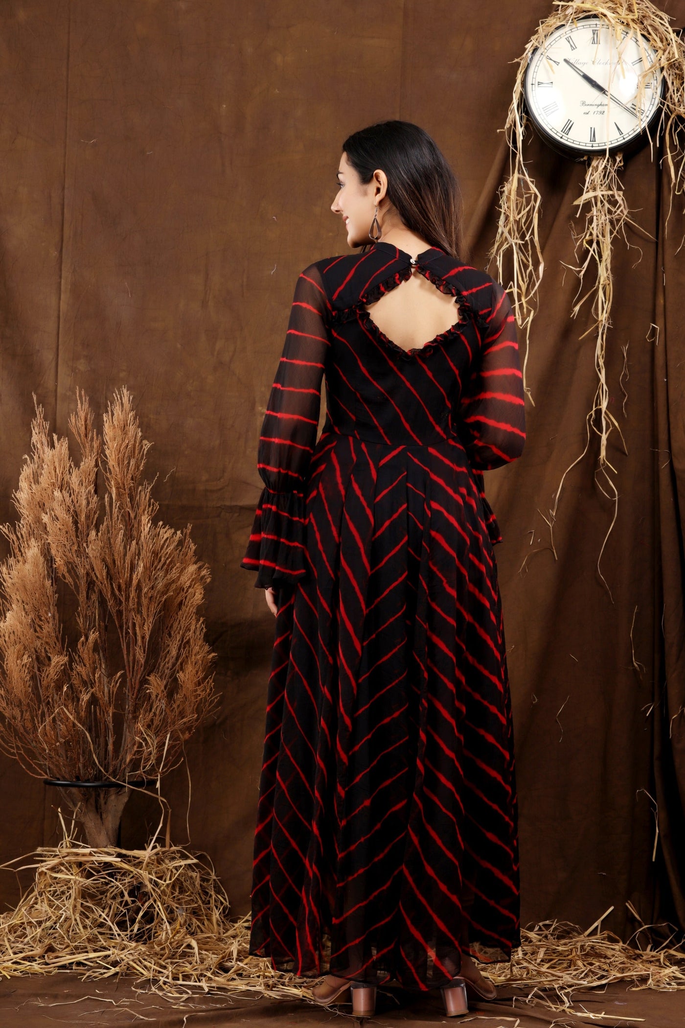 Women's Black Leheriya Chiffon Maxi Dress by Saras The Label ( 1 Pc Set)