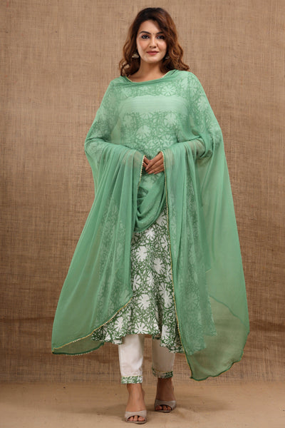 Women's Green Cotton Printed Anarkali Kurta with Pants & Dupatta Set by Saras The Label (3 Pc Set )