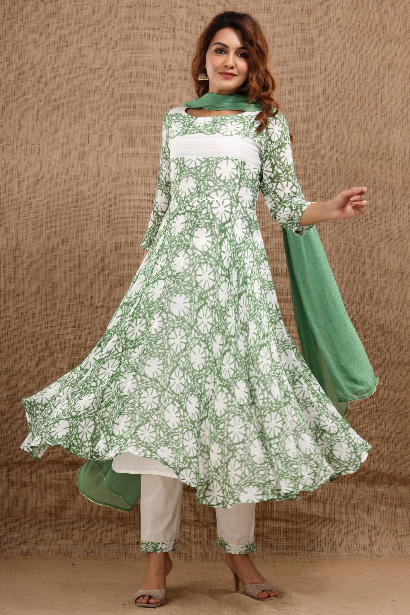 Women's Green Cotton Printed Anarkali Kurta with Pants & Dupatta Set by Saras The Label (3 Pc Set )