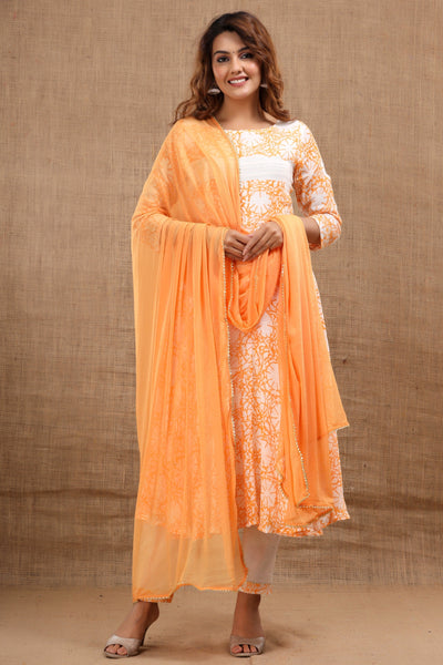 Women's Yellow Cotton Anarkali Kurta with Pants & Dupatta Set by Saras The Label ( 3 Pc Set )