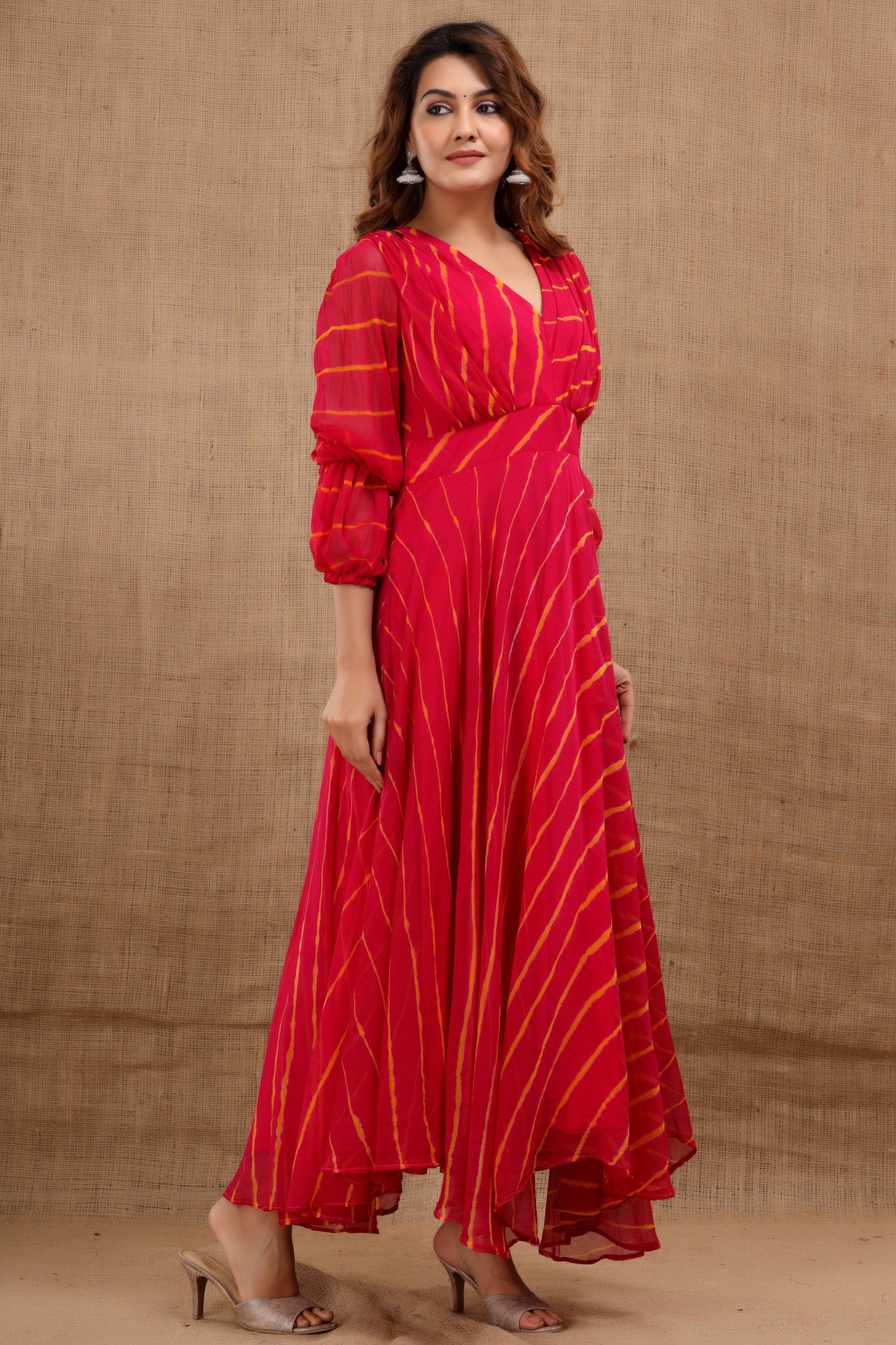 Women's Red Leheriya Maxi Dress by Saras The Label (1 Pc Set)