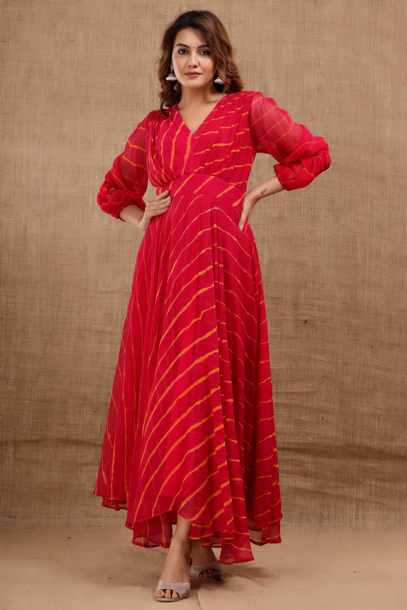 Women's Red Leheriya Maxi Dress by Saras The Label (1 Pc Set)
