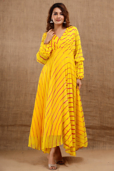 Women's Leheriya Yellow Dress by Saras The Label (1 Pc Set)