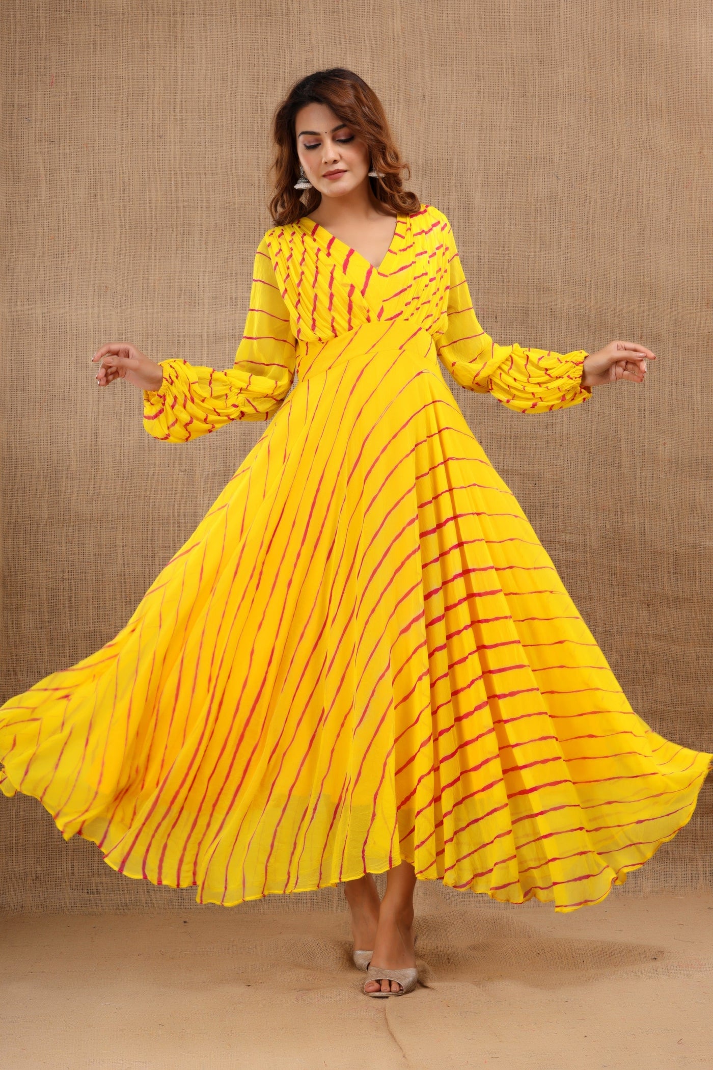 Women's Leheriya Yellow Dress by Saras The Label (1 Pc Set)