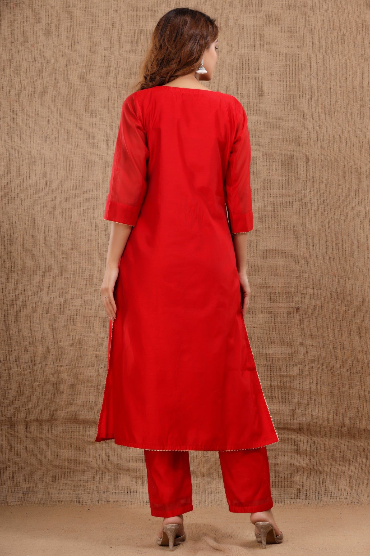 Women's Red Kurta with Pants & Dupatta Set by SARAS THE LABEL- (3pcs set)