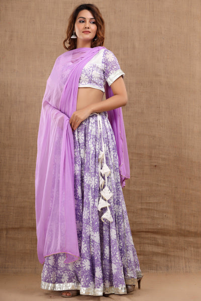 Women's Rasmo Hand Block Printed Linen Purple Lehenga Set - Saras The Label