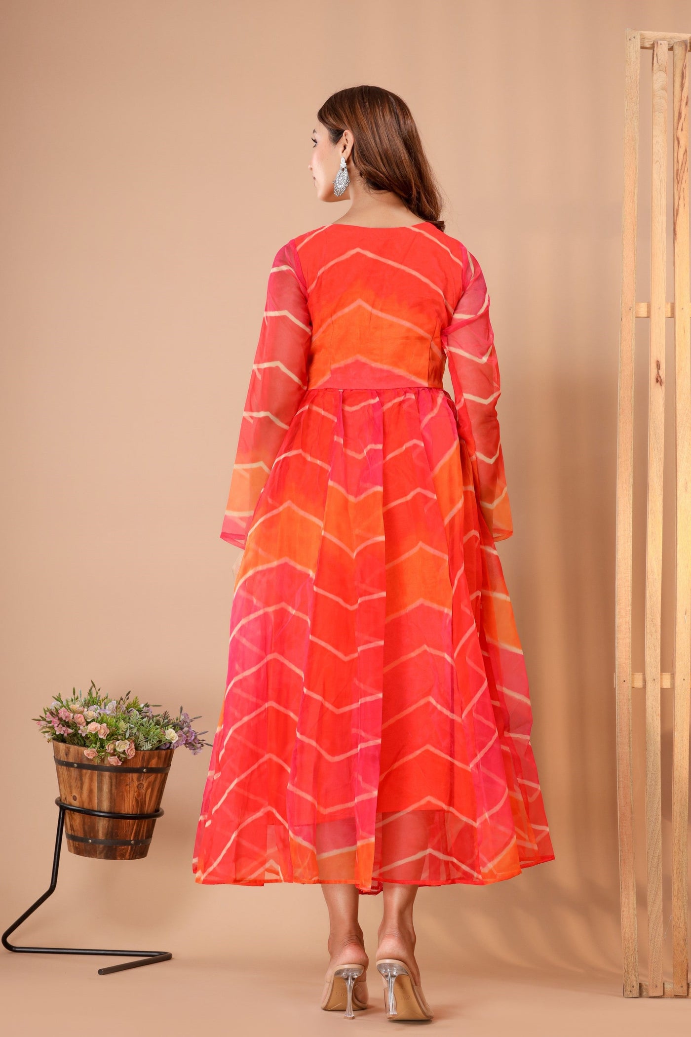 Women's Leheriya Organza Gown Dress With Dupatta - Saras The Label