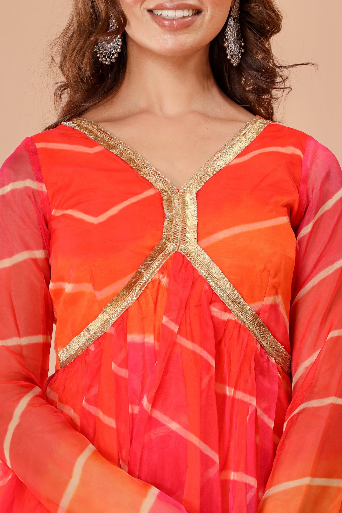 Women's Leheriya Organza Gown Dress With Dupatta - Saras The Label