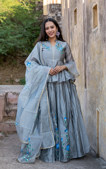 Women's Grey Hand Painted Peplm top with Skirt & Dupatta Set by SARAS THE LABEL ( 3 Pc Set )