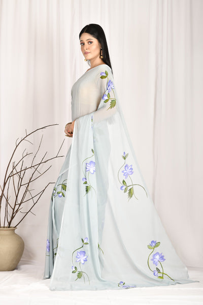 Women's Hand Painted Grey Saree with all-over Vegetable Dyes With Blouse - SARAS THE LABEL