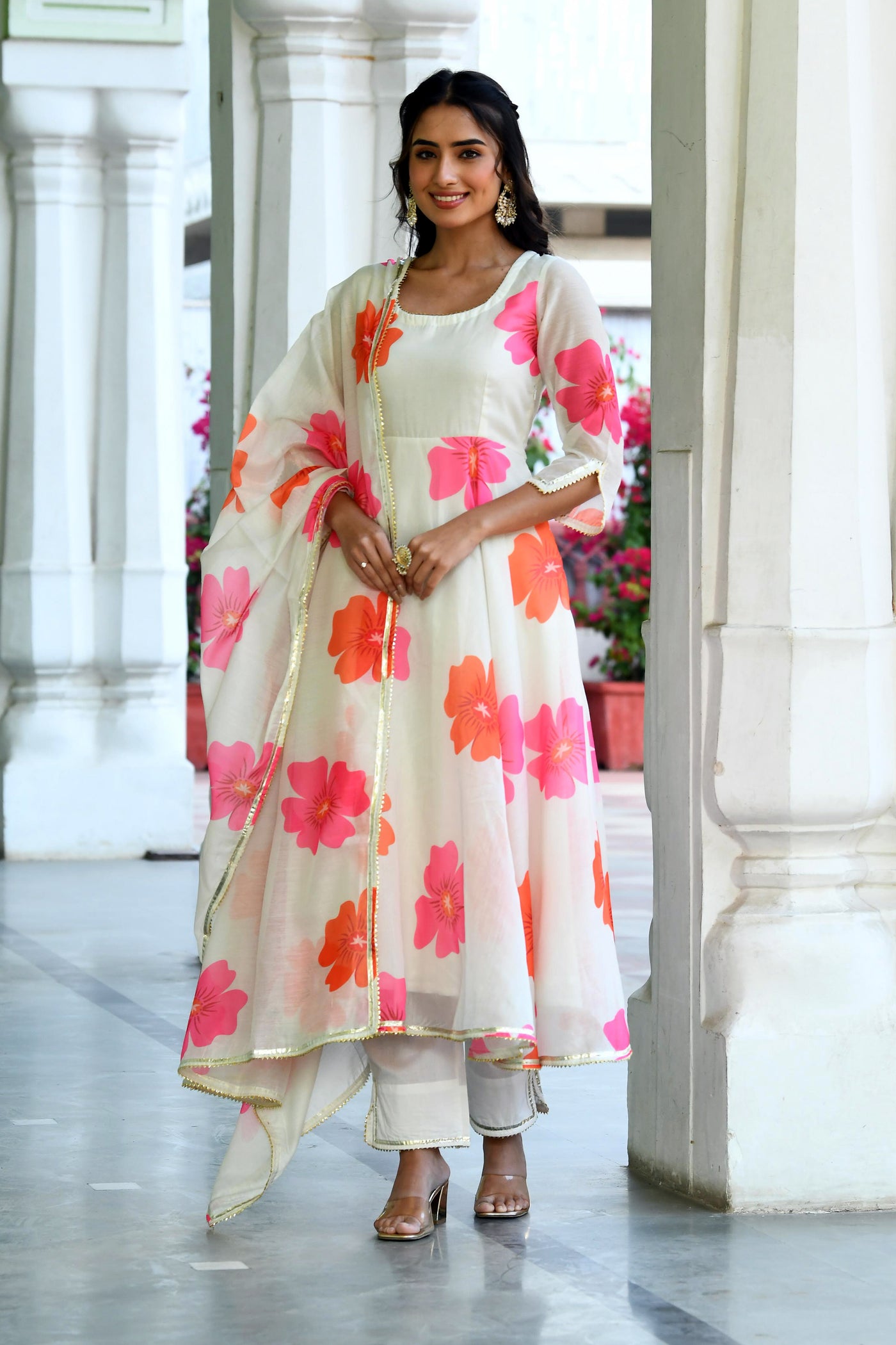 Floral print white Anarkali suit BY SARAS THE LABEL - (3PC SET)