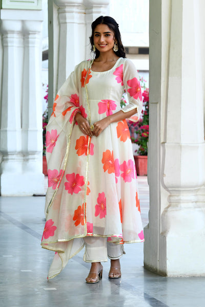 Floral print white Anarkali suit BY SARAS THE LABEL - (3PC SET)