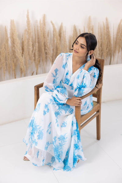 Blue & White Printed Gown Dress for Women by Saras The Label- (1pc dress)