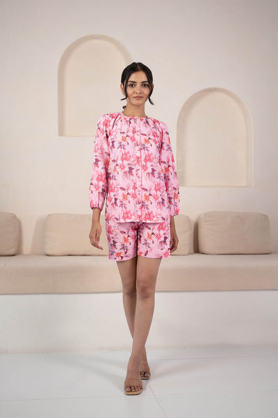 Pink Floral Print Night Suit Set for Women by Saras The Label- 2pc set