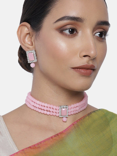 Women's  Rhodium Plated Pink Stone Studded Pearl Choker Necklace Jewellery Set With Earrings - i jewels