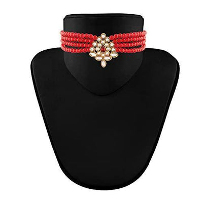 Women's Gold Plated Maroon Kundan with Beads Choker Necklace Set - i jewels