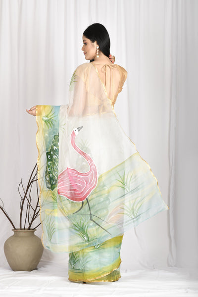 Women's Hand Painted Off White Saree with all-over Vegetable Dyes With Blouse - SARAS THE LABEL