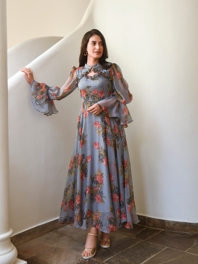 Grey Maxi dress floral - 1pc set By SARAS THE LABEL